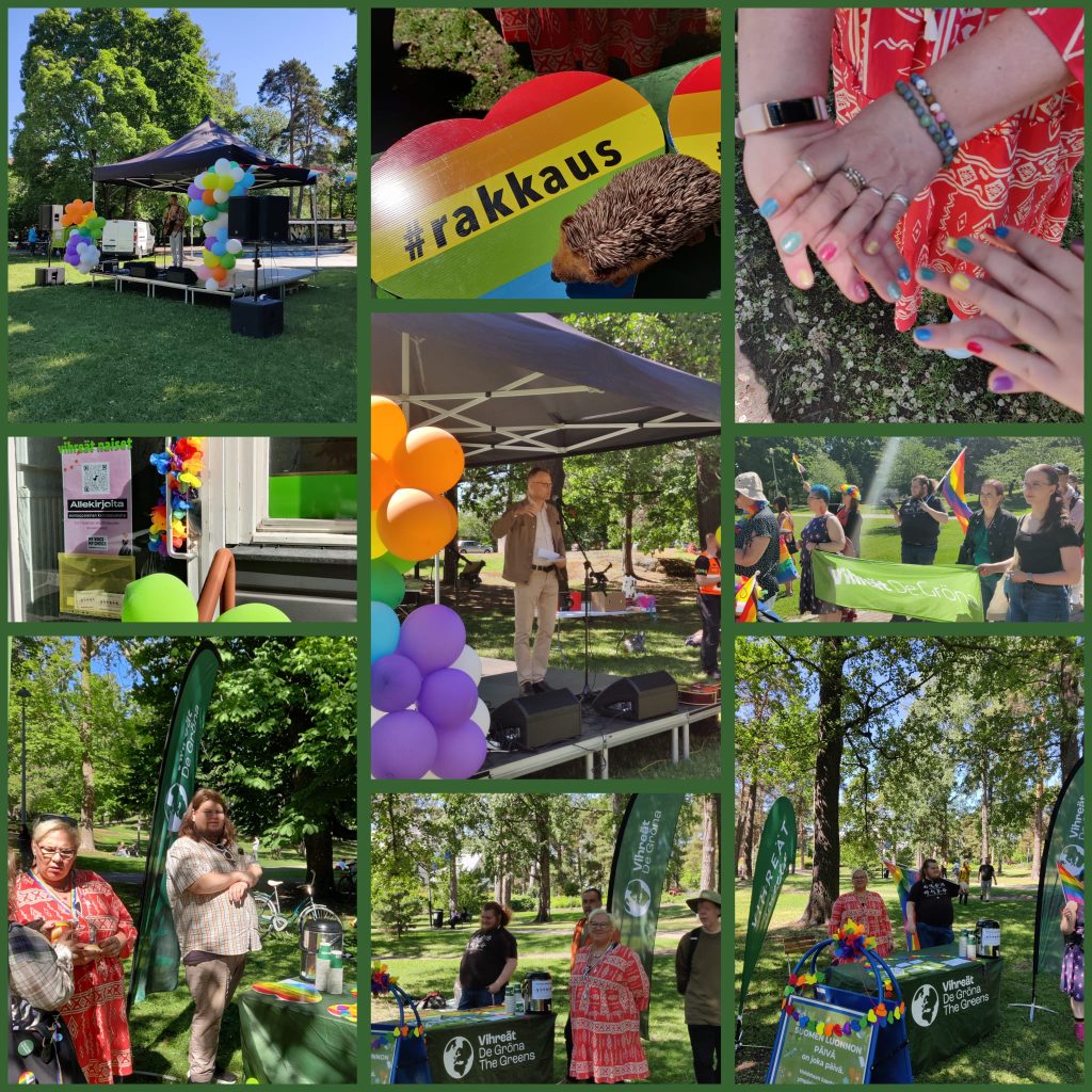 Kuvia Kotka Pride tapahtumasta, vihreistä mukana kulkueessa ja omalla ständillä Isopuistossa.
